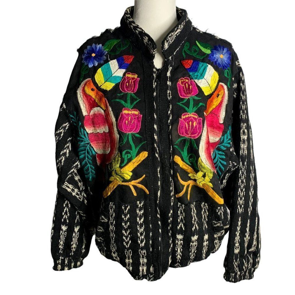 Vintage Toucan Embroidered Bomber Jacket M Black Woven Zip Peruvian Pockets